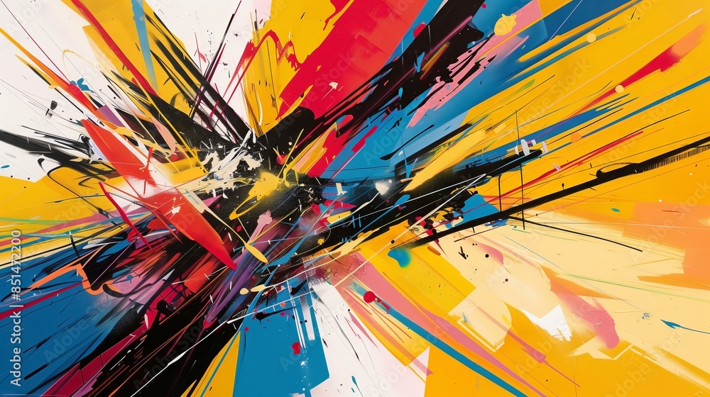 Poster dynamic abstract with bold lines and geometric shapes, creating a striking explosion of vibrant colo