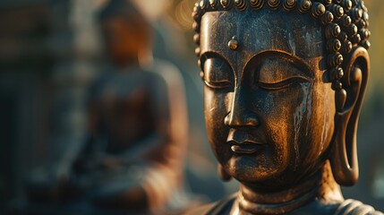 Close-up of a bronze Buddha statue with soft backlighting, casting subtle shadows that enhance its intricate details