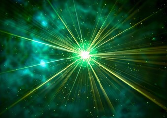 Obraz premium A green laser beam shines in the center of an abstract background, with rays spreading outwards from its source
