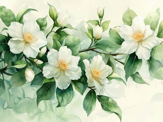 Fototapeta premium A graceful branch of jasmine flowers and buds, with delicate petals and rich green foliage, Watercolor, Bright whites and deep greens, Subtle gradients