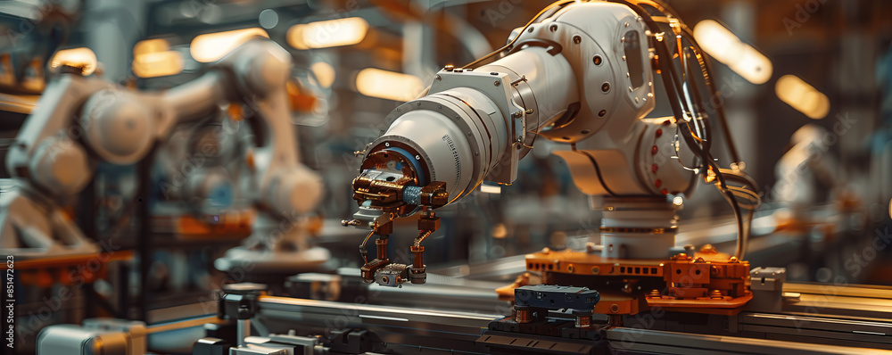 Poster a robot arm assembling a complex piece of machinery, its movements precise and efficient.