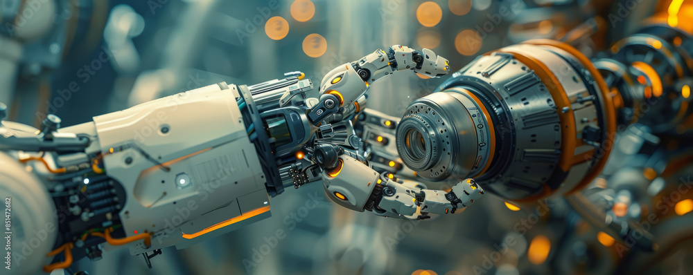 Poster a robot arm assembling a complex piece of machinery, its movements precise and efficient.