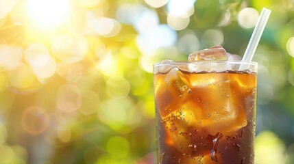 Close-up of a cold brew coffee in a glass with ice cubes and a straw, with a blurred summer outdoor setting