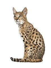 Naklejka premium Full body shot of Savannah cat, sitting, looking around curiously.
