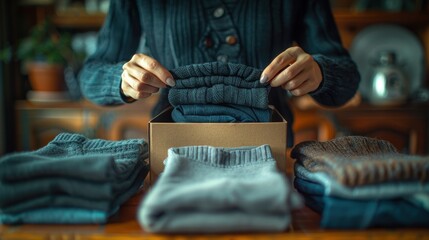 Fototapeta premium A woman is holding a box of clothes and is sorting through them