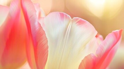 Tulip petal border, close-up, vibrant pink and white, soft focus, warm light, blurred background.
