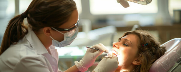 A dental hygienist cleaning a patient's teeth in a dentist's office.
