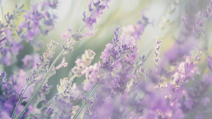 Lavender border, macro view, delicate purple blooms, gentle natural light, high detail, soft green backdrop.