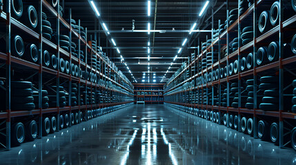 Fototapeta premium Rows of tires are stacked on the shelves in the warehouse