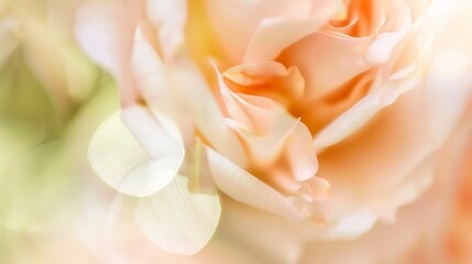 Rose bloom, macro view, pale peach and cream, soft lighting, intricate details, gentle green bokeh. 