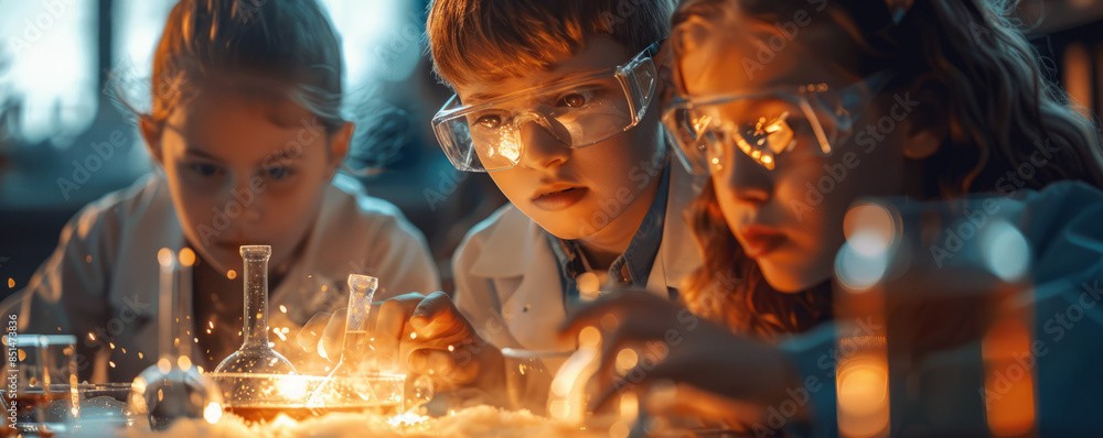Poster a group of students conducting a science experiment in a school laboratory, observing chemical react
