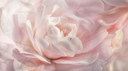 Fototapeta premium Camellia bloom, macro view, light pastel pinks, warm natural light, intricate details, soft focus.