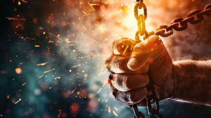 Close-up of a hand with chains falling away, showing a powerful grip, against a bright, contrasting background