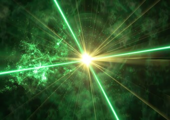 A green laser beam shines in the center of an abstract background with rays, light beams and lens flare effects
