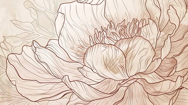 Peony bloom illustration, macro view, soft pastel pink petals, intricate linework, antique parchment background.