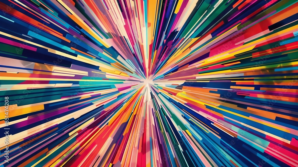 Poster a vibrant abstract graphic with multicolored lines radiating dynamically from a central point captiv