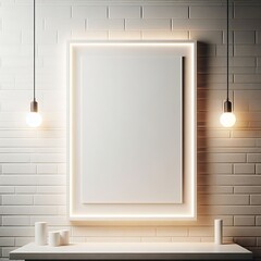 A white rectangular frame on a white surface with lights from the wall creative optimized informative Vibrant.