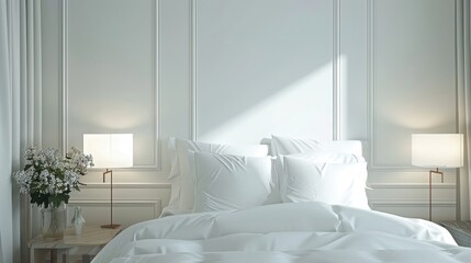 Close-up of a modern minimalist bedroom with white walls, furniture, and soft lighting in a boutique hotel