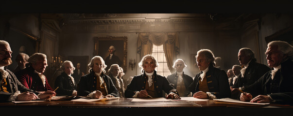 A scene of the signing of the Declaration of Independence, the Founding Fathers gathered around a table, their faces etched with determination.