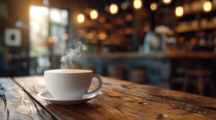 Close-up of a steaming cup of coffee on a rustic wooden table with a blurred coffee shop background