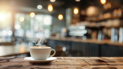 Close-up of a steaming cup of coffee on a rustic wooden table with a blurred coffee shop background
