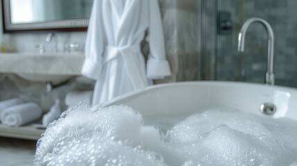Close-up of a white bathtub filled with bubbles and a plush bathrobe hanging on a hook in a hotel bathroom