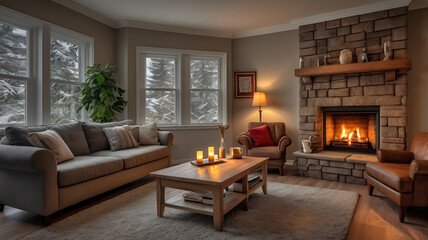 Cozy living room with fireplace, sofa, lighting