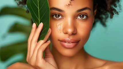 Close-up of a woman with perfect skin touching her cheek, with a blurred background of skincare products
