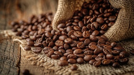 Close-up of coffee beans spilling out of a burlap sack onto a wooden surface