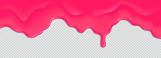 Realistic 3D dripping glossy pink chewing gum isolated on a transparent background. Border of flowing sticky sweet slime. Vector template of slime, cream or caramel icing for cake or donut