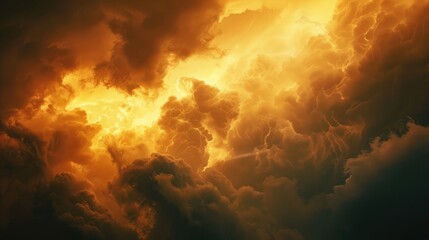 Close-up of golden sunlight filtering through dark storm clouds, creating a surreal and moody atmosphere