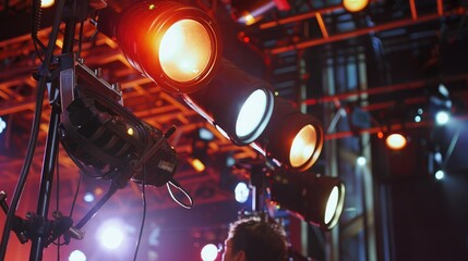 Close-up of light technicians adjusting spotlights and stage lighting equipment