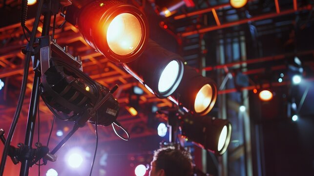 Close-up of light technicians adjusting spotlights and stage lighting equipment