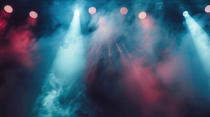 Close-up of stage lights and smoke creating an atmospheric effect during a concert