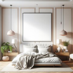 A bed in bedroom style interior set design there is an poster empty white and combine with and a framed picture creative professional.