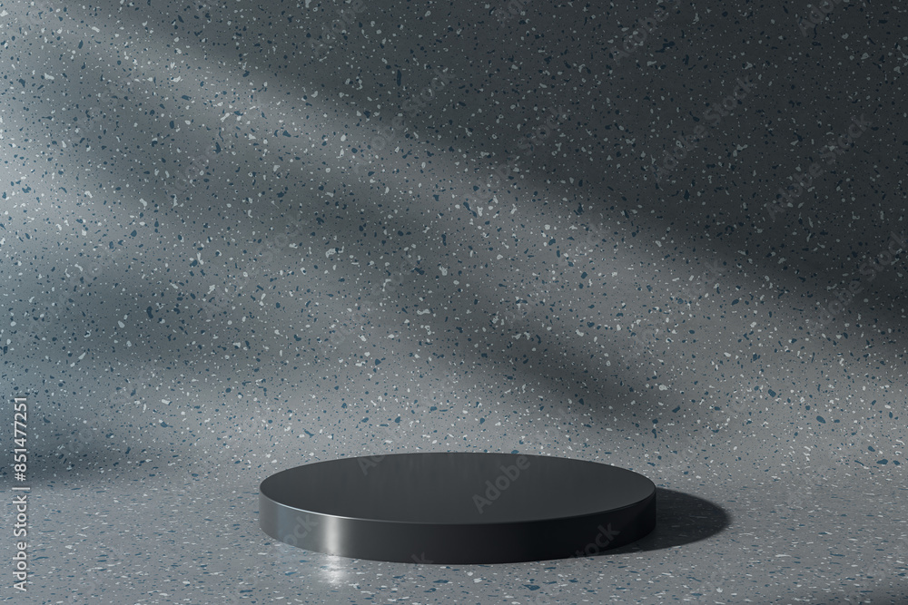 Poster a dark empty round pedestal on terrazzo flooring with a speckled background, concept for product dis