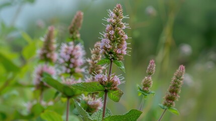 Macro shot of marsh mint flowers blooming in a marshland, with soft focus on the surrounding greenery