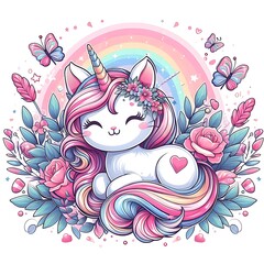 A cartoon unicorn design colours drawing graphic with flowers and butterflies engaging Illustrative Vibrant Artistic.