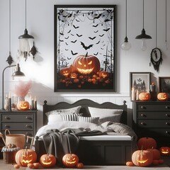 A bed in bedroom style interior set design with pumpkins and a picture on the wall.