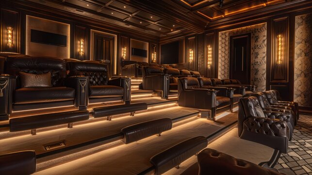luxurious home theater with tiered leather seating, ambient lighting, and state-of-the-art sound system for the ultimate movie night