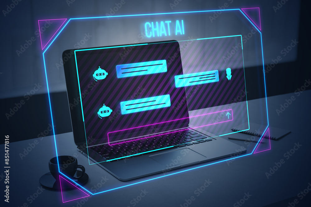 Poster Laptop displaying chatbot interface with neon outlines on a dark background, concept of AI communication. 3D Rendering