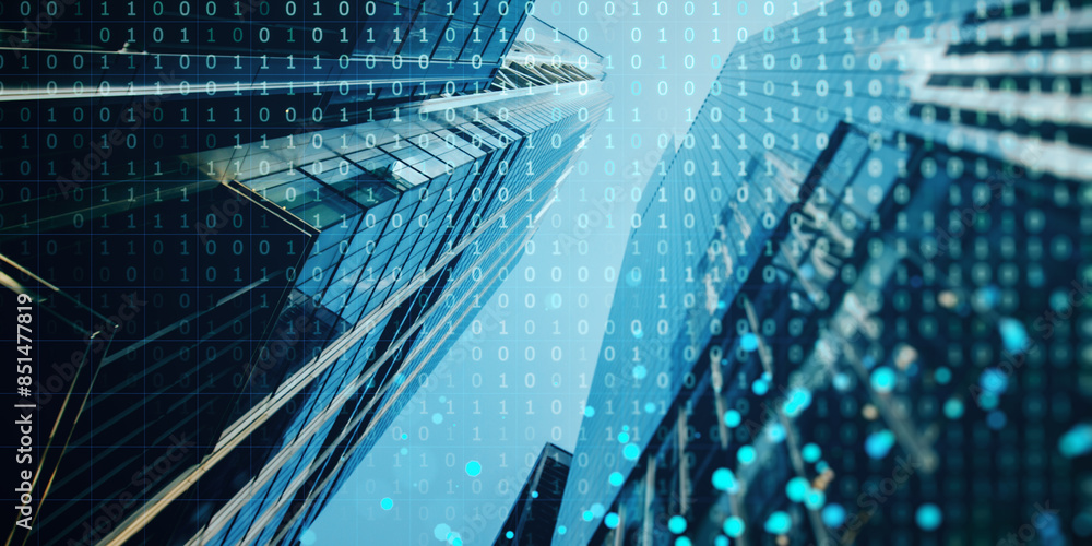 Poster A double exposure of skyscrapers and binary code representing the concept of digital technology on a blue backdrop
