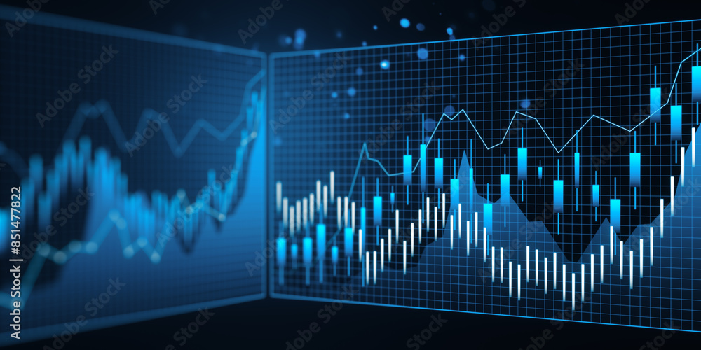 Poster abstract financial charts on a blue digital background, representing data analysis or stock market t