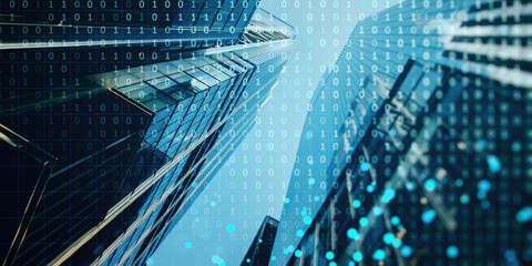 A double exposure of skyscrapers and binary code representing the concept of digital technology on a blue backdrop