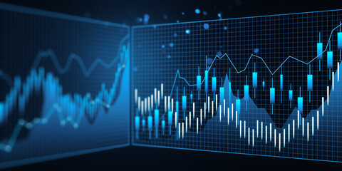 Abstract financial charts on a blue digital background, representing data analysis or stock market trends, with a digital style. 3D Rendering