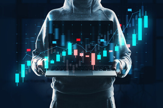 Person holding a laptop with a stock market graph overlay, digital composite on a dark background, concept of online trading