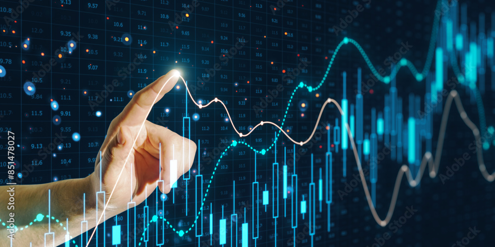 Poster a hand interacting with glowing financial graphs, representing a concept of data analysis on a dark 