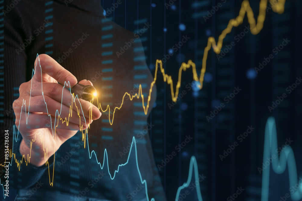 Aufkleber a person's hand interacting with glowing stock market graphs on a futuristic digital interface, conc