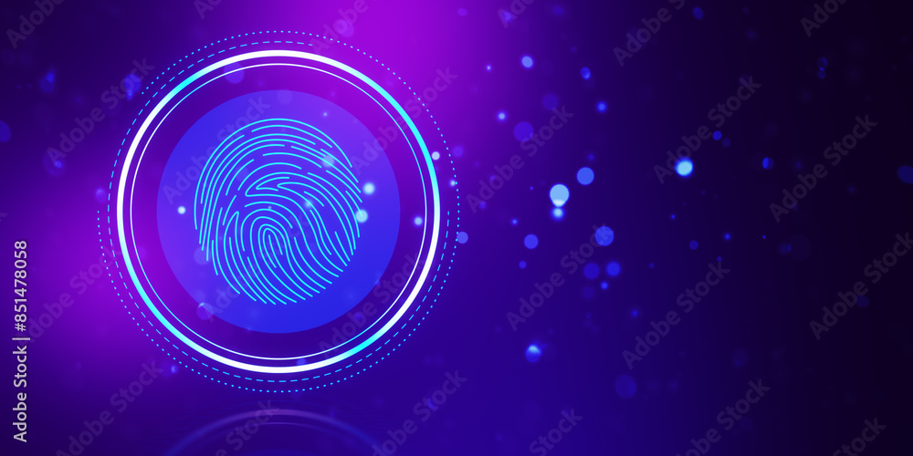 Poster a digital fingerprint illustration with glowing neon lines on a dark blue, bokeh-effect background, 