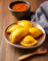 Colombian empanada with spicy sauce on wooden background